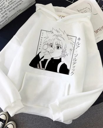 Black Japanese Anime Printed White Pullover Cotton Hoodie