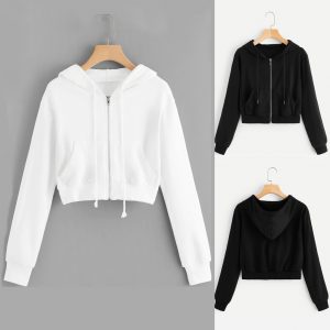 Women Cropped ZIP UP Hoodie in Black/White