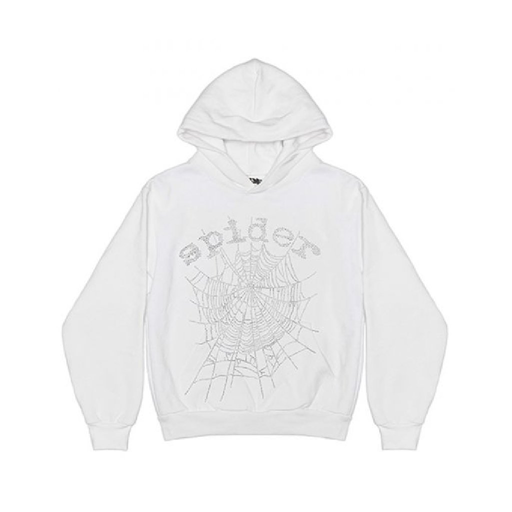 Sp5der Og Rhinestone Logo Hoodie - White 