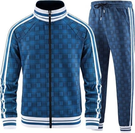 Men Tracksuits Full-zip Long Sleeve Plaid Track Jackets and Pants 2 Piece In Blue