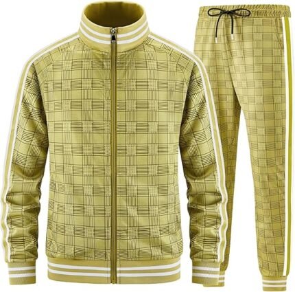 Men Tracksuits Full-zip Long Sleeve Plaid Track Jackets and Pants 2 Piece In Yellow