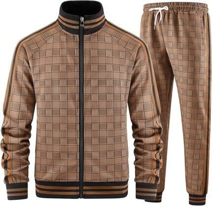 Men Tracksuits Full-zip Long Sleeve Plaid Track Jackets and Pants 2 Piece In Brown
